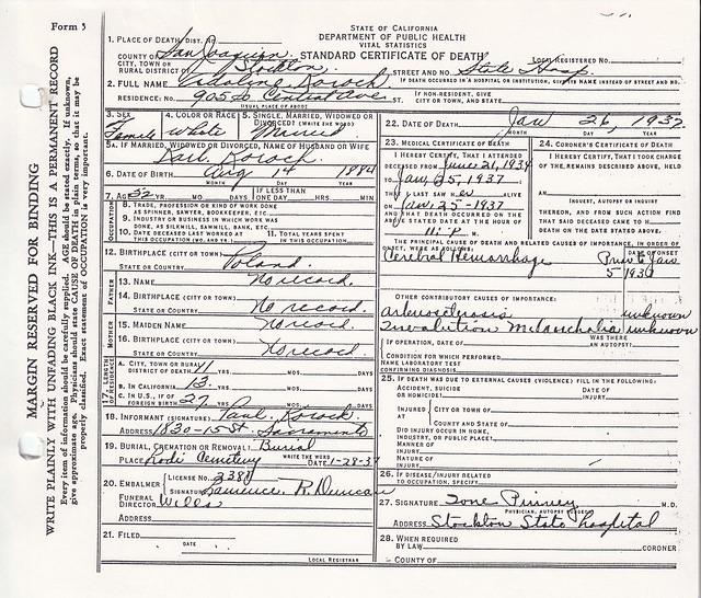 Adaline Koroch - Death Certificate - 1937