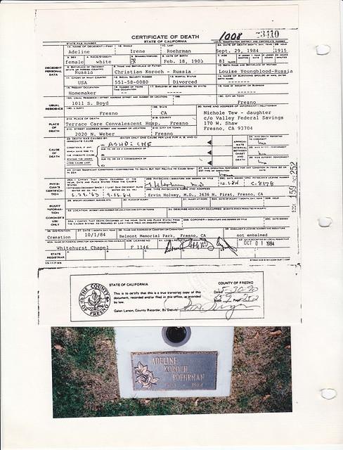 Adeline Irene Koroch Roehrman - Certificate of Death - 1984