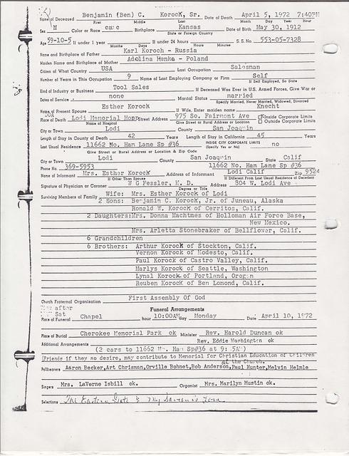 Benjamin C Korock - Death Record - 1972