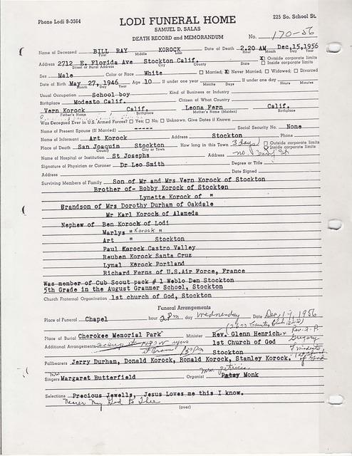 Bill Ray Korock - Death Record - 1956