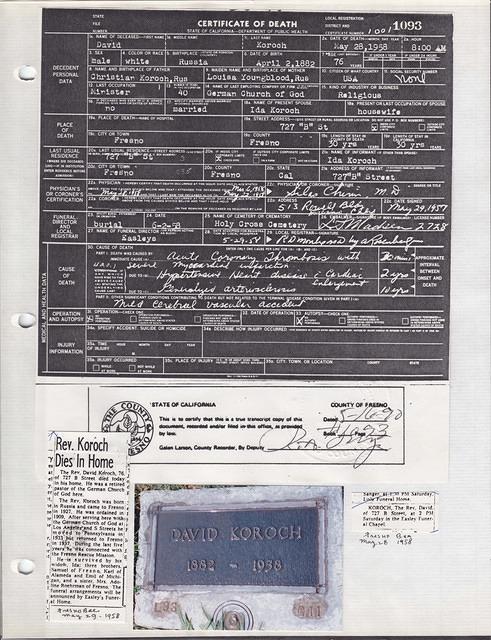 David Koroch - Certificate of Death - 1958